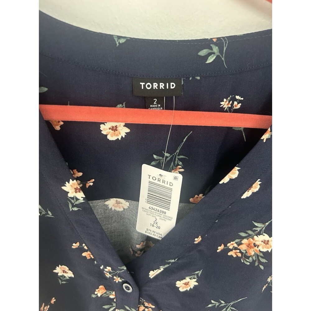 Torrid 2X Navy Floral Button Short Sleeve Ruffle Tie Midi Dress Tiered Plus Size - Picture 4 of 8